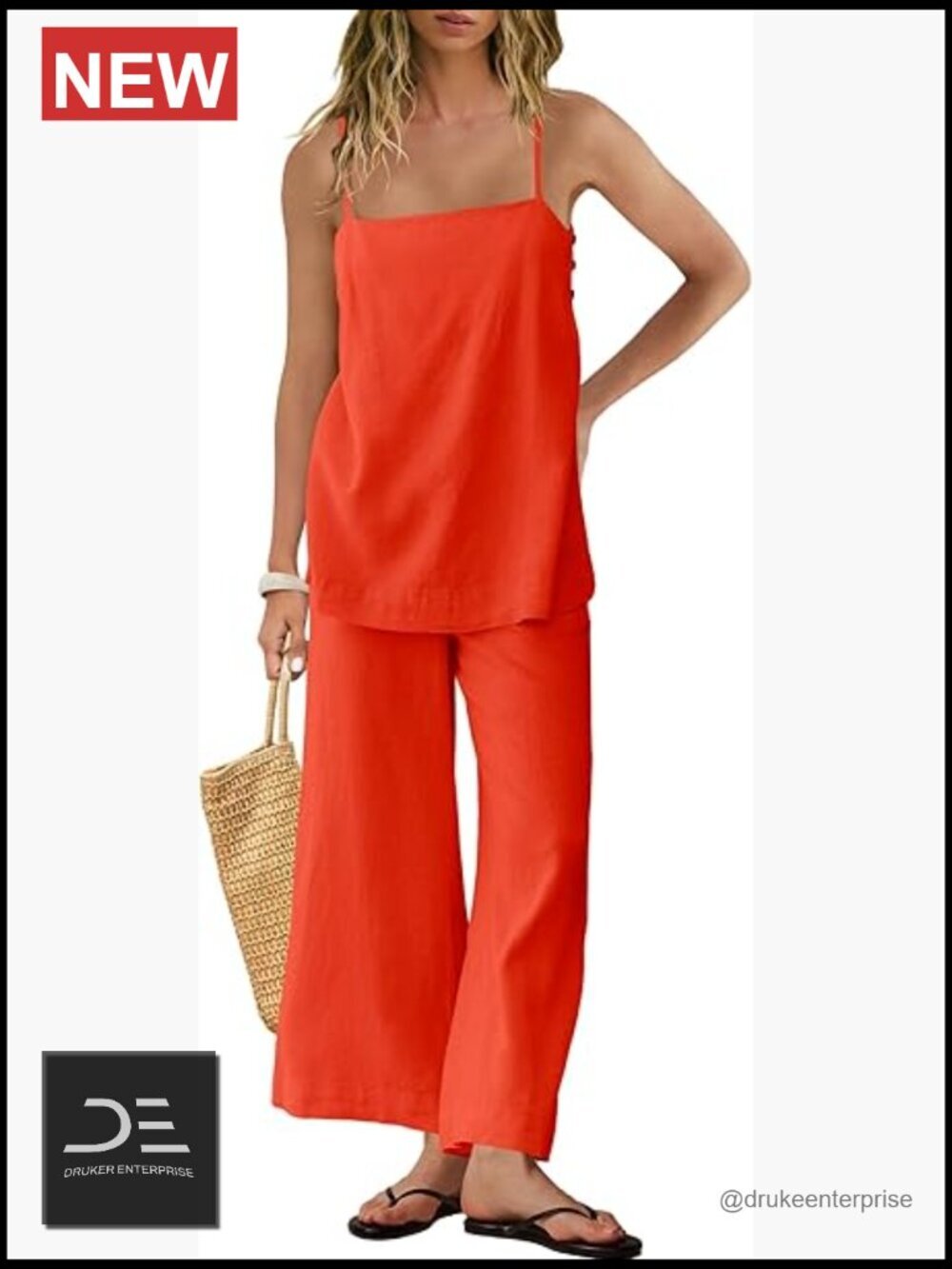 Linen Blend 2 Piece Lounge Set - Spaghetti Strap Tank and Wide Leg Pants with